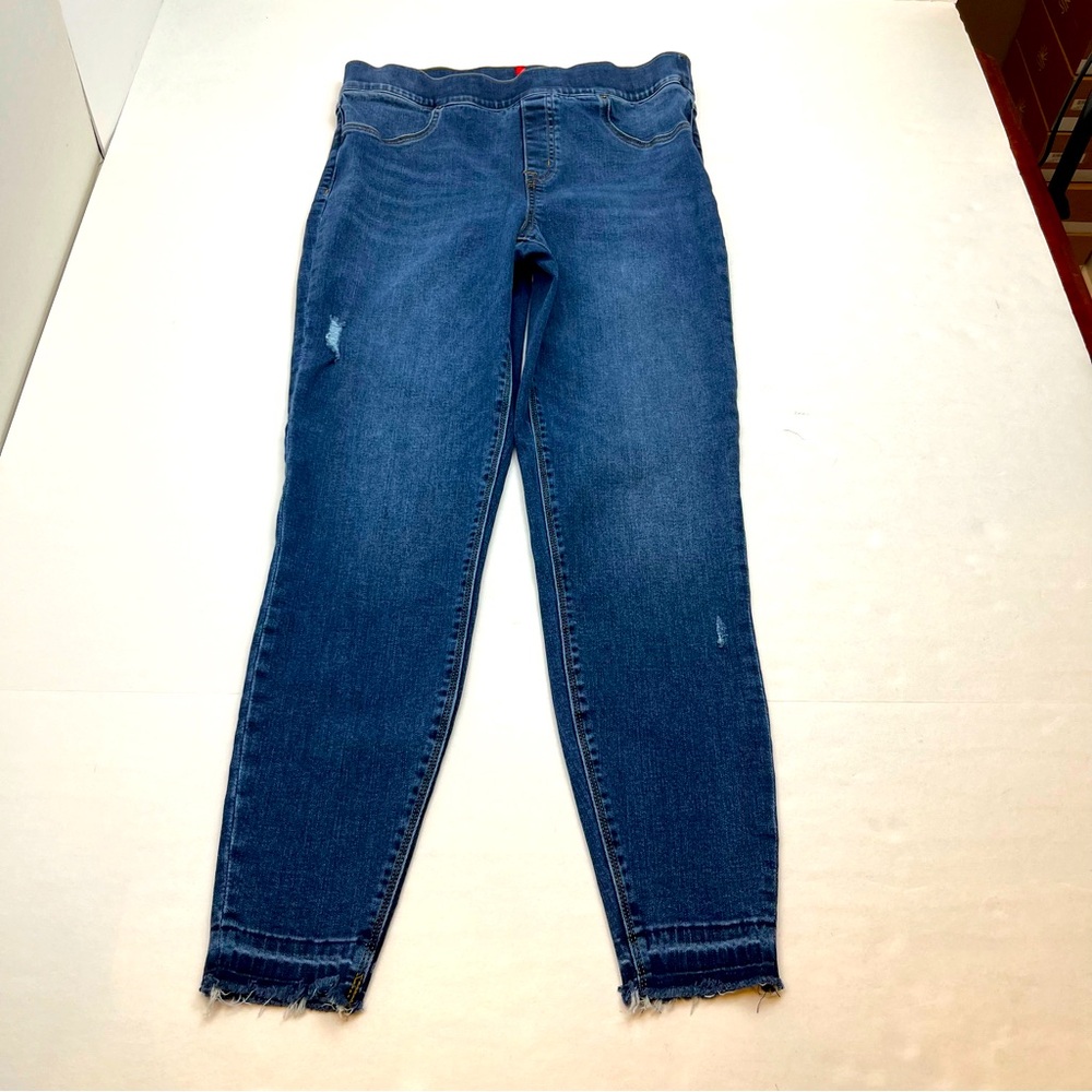 Spanx Skinny Jean Womens Large Blue Distressed Pull-on Stretch Blue Denim